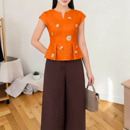 Vải thô cotton thêu hoa cam