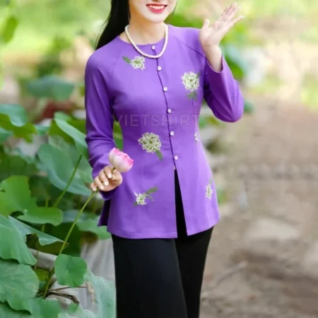 Vải thô cotton thêu hoa tím