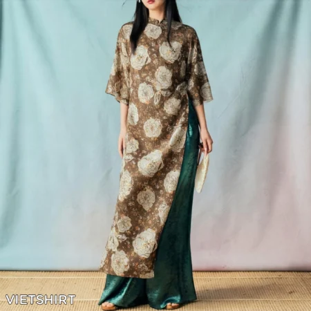 Vải tơ tằm hoa màu nâu